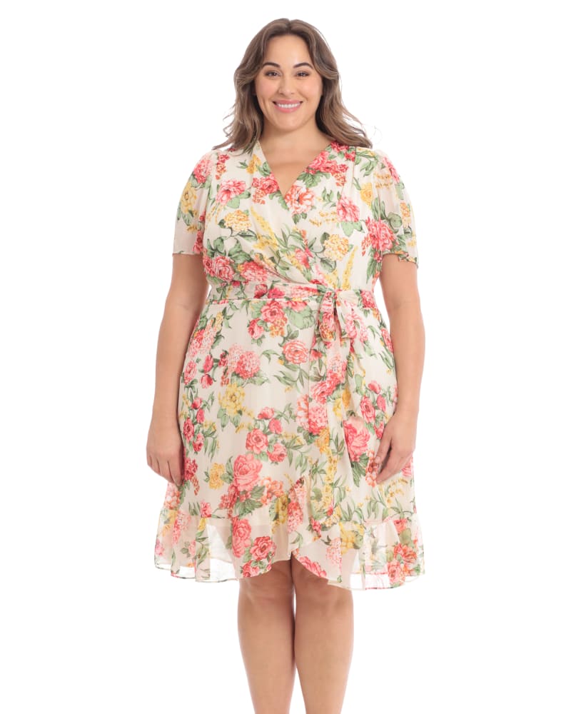 Front of a model wearing a size 16W Floral ruffle faux wrap dress in Cream/Rose by London Times. | dia_product_style_image_id:268642